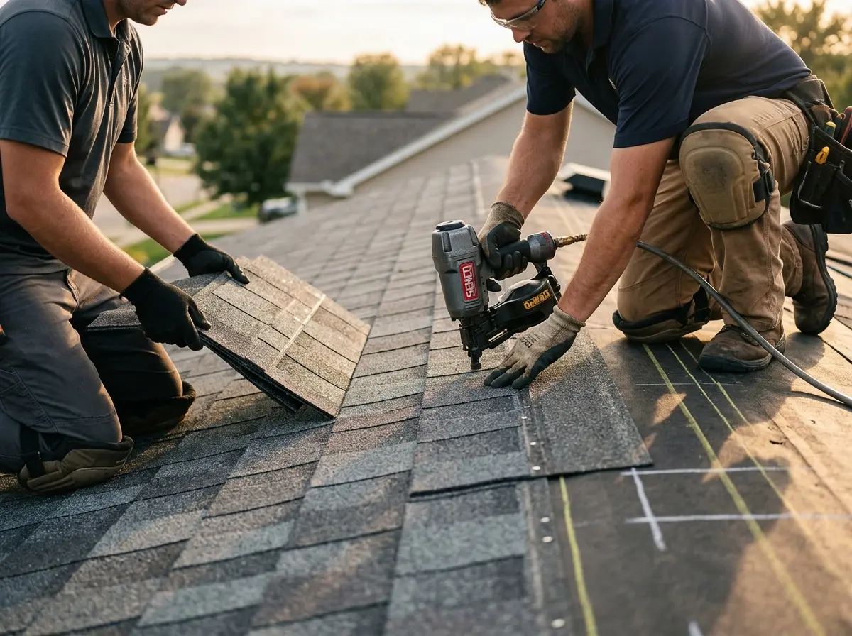 Professional roofer working on a residential roof in Parkersburg